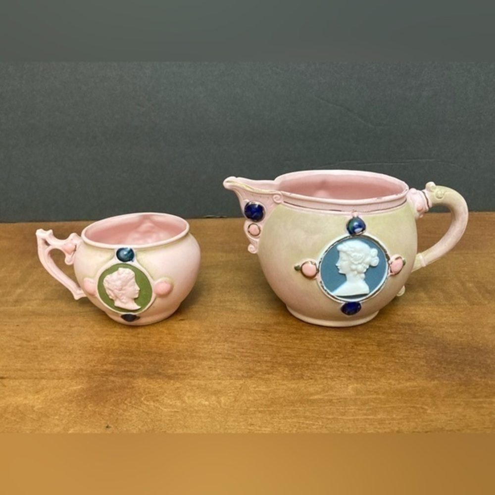 Schafer & Vater Jeweled Cameo Pitcher Pink / Antique German Porcelain Jasperware